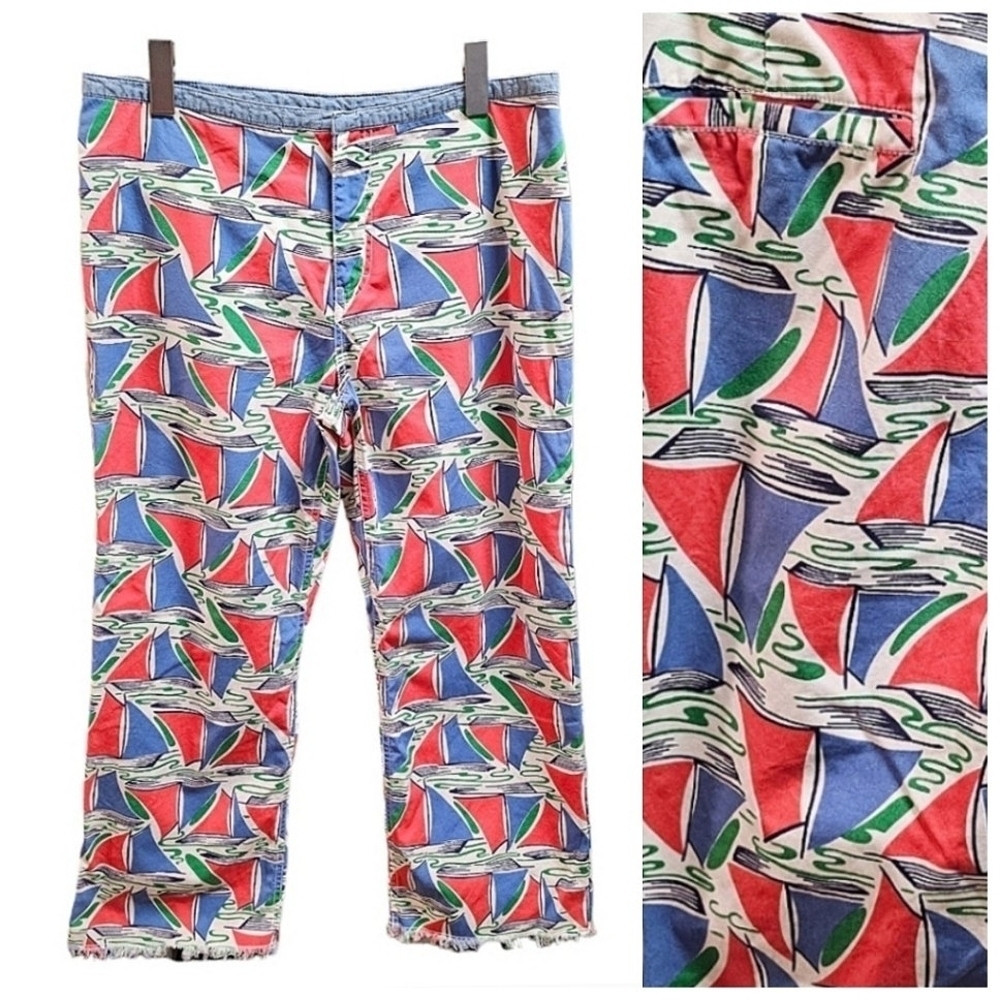 Tommy Hilfiger Summer Sailboat Print Coastal Grandma Cropped Frayed Hem Pants 12
